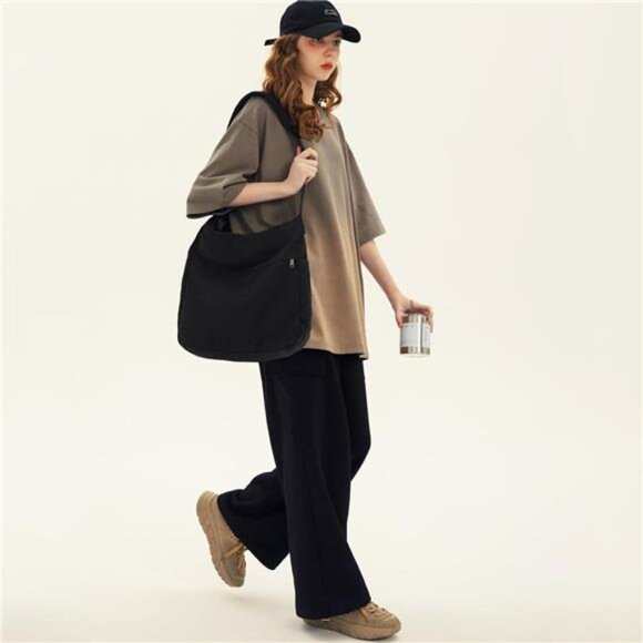 Canvas Shoulder Bag for Women Black - Picture 3 of 6